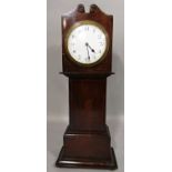 20th century miniature mahogany longcase clock, Arabic numerals, enamel dial, exposed French