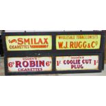Two vintage style tobacconist signs hand painted on fibre board, 177cm x 38cm