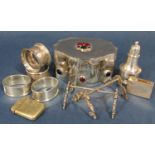 Mixed collection of silver plate comprising silver baluster pepper, four napkin rings and matchbox