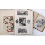 A large 19th century scrap album containing various pictures, etchings, etc, together with a further
