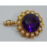 Fine quality Victorian amethyst and pearl pendant / brooch in unmarked yellow metal, the pin