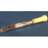 A George III silver apple corer with turned ivory handle, 13cm long, London 1788