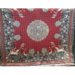 Flemish tapestry table cloth with fringed border featuring unicorns, dogs, rabbits in a flower and