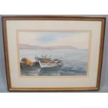 Jane Lampard (contemporary local artist) - Coastal scene with fishing boats, watercolour on paper,