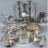19th century silver plated one pint tankard, spirit flask, entrée dishes, pair of large plated
