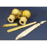 Pair of 19th century ivory and brass opera glasses engraved Miss Ledlie Glenbrook, ivory 6" ruler,