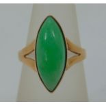 9ct marquise-cut cabochon ring set with an apple green stone - possibly jade, maker 'DJ', size O,