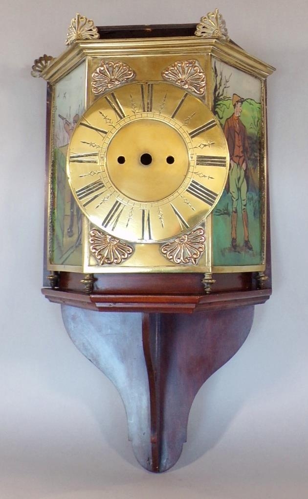 Unusual clock case with brass dial, flanked by coloured glass panels showing sportsmen, with - Image 2 of 5