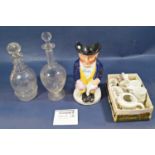 Five various glass decanters, Victorian childrens nursery set with nursery rhyme detail, Toby jug,