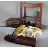 An intricately carved wooden box from India, an oak stool, two oriental lacquered boxes, umbrella,