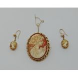 Vintage 9ct cameo brooch depicting a lady and similar pair of drop earrings, 10.2g total (3)