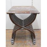 19th century walnut stool, the square cut top with geometric detail within a repeating border raised