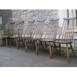 A set of six (4&2) Ercol stained beechwood high tapered stick back dining chairs with cow horn rails