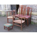 An Arts and Crafts style open elbow chair with turned spindle back and rush seat, a pair of Georgian