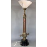 Novelty table lamp constructed from an antique copper firehose, mottled glass shade, 79cm high