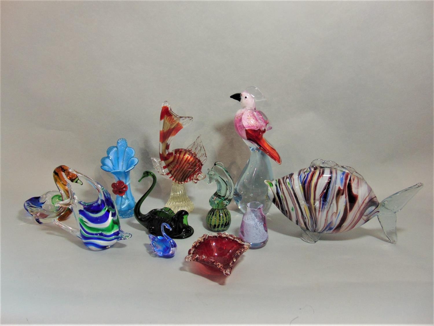 Collection of art glass to include an interesting Murano glass paperweight/dump in the form of a