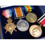 1914-15 Star, 14-18 War and Victory medals, two Lieut A (Andrew) Haggard in a Spink & Son