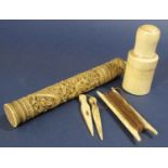 19th century Cantonese ivory cylindrical needle case with wrythen dragon detail, bonework bottle