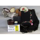 Mixed miscellaneous lot to include a 19th century copper pan, two silver plated sauce boats, a bowl,
