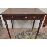 A mid-19th century mahogany side table with shallow frieze drawer on turned supports, 83cm wide