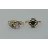 Two Art Deco style 9ct gold and silver paste set rings, 4.6g total (green example one stone vacant)