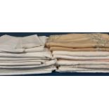 Box of good quality vintage table and bed linen including a pair of embroidered bed spreads in camel