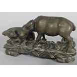 South East Asian bronze group of a water buffalo, mother and calf. 13.5 cm x 7.5 cm