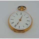 A good quality 14ct continental fob watch, the enamel dial with Roman numerals and gem set gilt
