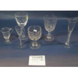 A collection of 19th century glasses with etched floral detail, cotton twist stems, jelly glasses,