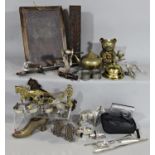 Miscellaneous collection of brass and metal wares to include a brass tea pot, teddy bear, door