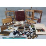 Mixed boxful of haberdashery including wooden needlework stretchers/ hand looms, buttons, etui