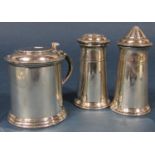 A three piece silver condiment set, each of cylindrical form, Sheffield 1949, 8oz approx