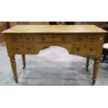 A Victorian stripped and waxed pine kneehole dressing table/desk, fitted with an arrangement of five