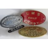 Railwayana: an LMS built Derby works plate, oval red brass painted finish, a brass oval LMS built