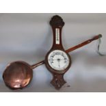A Victorian oak barometer (glass af), a copper warming pan with mahogany turned handle (2)