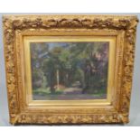 William Farrell? (early 20th century school) - Park scene with female figure on a bench, oil on