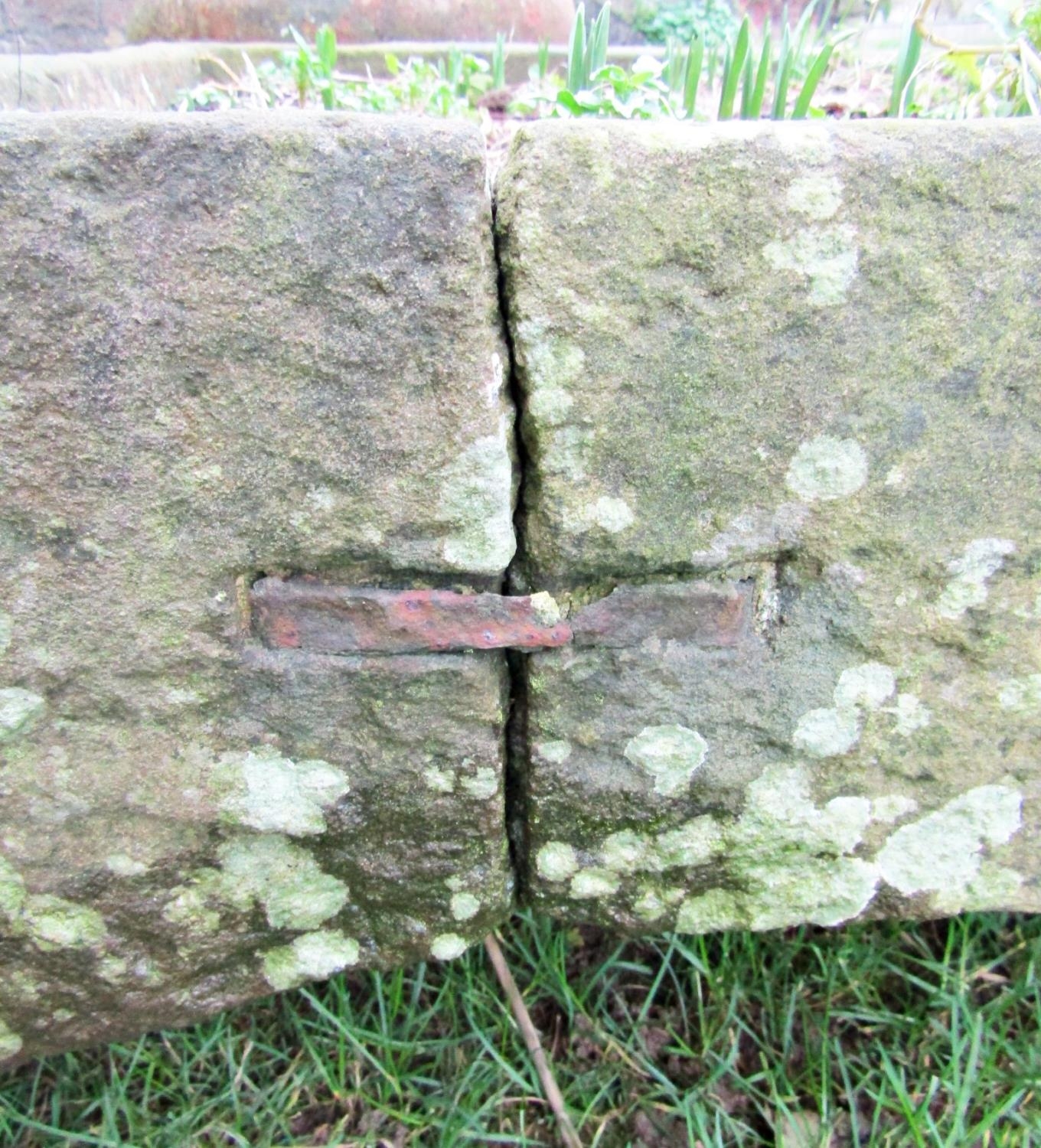 A large weathered shallow D shaped natural stone trough, 118cm wide x 108cm deep x 25cm high (af) ( - Image 3 of 3