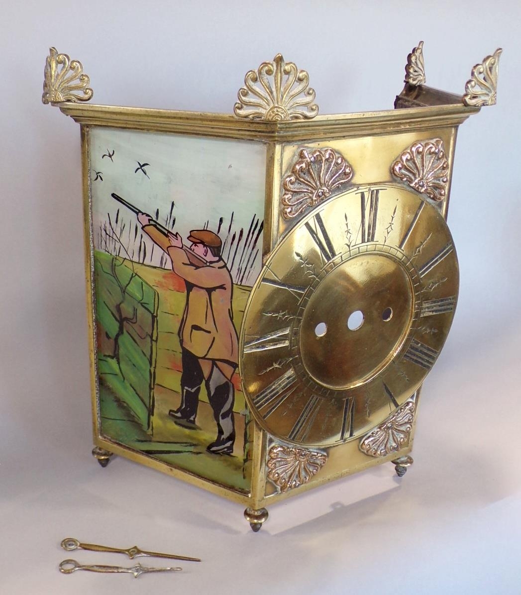 Unusual clock case with brass dial, flanked by coloured glass panels showing sportsmen, with - Image 4 of 5