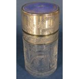 Good quality French white metal and guilloche enamel scent bottle, the hinged lid enclosing a gilt