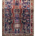 Exceptional quality Persian Meshqin rug/runner with red block medallions and still lives of birds