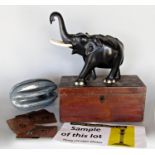 Miscellaneous items consisting of ebony elephant, glass inkwell, brass coat buttons, a bible, a page