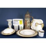 A quantity of Cauldon white glazed dinner and teawares with gilt Greek key border decoration