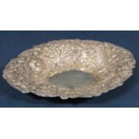 Good quality Victorian embossed silver oval dish, with good relief of scroll foliage, maker marks