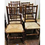 A harlequin set of six Georgian ashwood spindle back dining chairs, with rush seats on turned