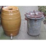 A vintage honey glazed twelve gallon barrel with banded detail together with a galvanised bucket/