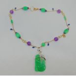 Good quality Italian 18ct designer necklace by Silvia Kelly with carved jade, amethyst and kyanite