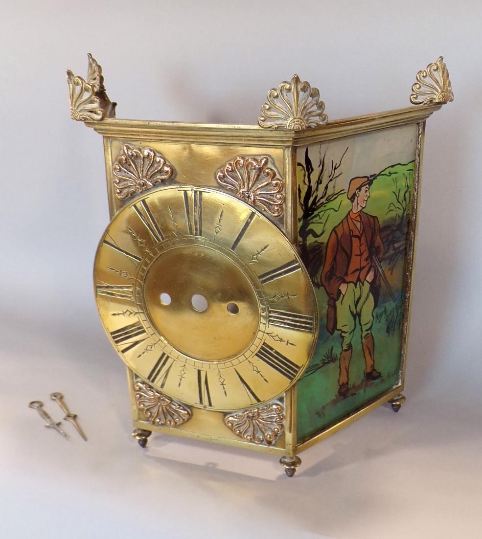 Unusual clock case with brass dial, flanked by coloured glass panels showing sportsmen, with - Image 5 of 5