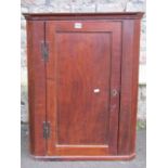 A small Georgian fruitwood hanging corner cupboard enclosed by a single panelled door with applied