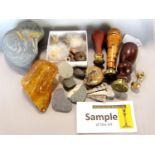A miscellaneous collection including wax seals, fossils, shells, large piece of amber - 68g, odd