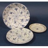 Three blue and white dishes raised from the Tek Sing Cargo, two bearing Nagel Auctions labels